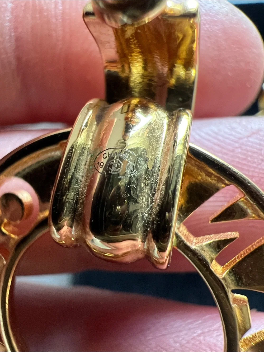 CHANEL Gold Hoop Logo Drop Earrings with Lettering
